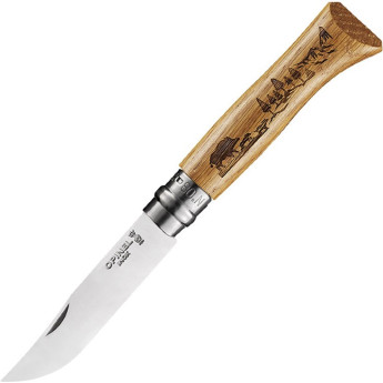 Нож OPINEL №8, нержавеющая сталь, рукоять дуб, гравировка кабан. 002331